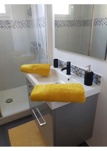 La salle de bains est pourvue d'un lavabo et d'une serviette jaune. dans l'établissement Fontainebleau Sweet Home Garden, à Fontainebleau