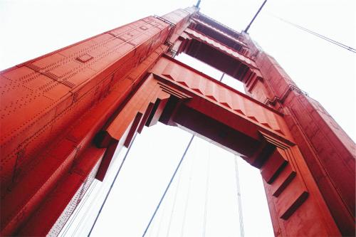 a close up of a red bridge at Hotel EPIK in San Francisco