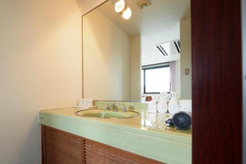 a bathroom with a sink and a large mirror at Select Inn Tsuruga in Tsuruga