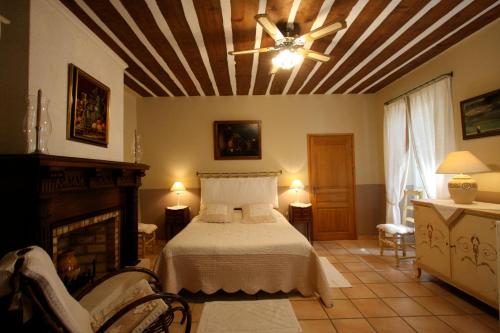 - une chambre avec un lit et un ventilateur de plafond dans l'établissement Mas Alpilles Soleil, à Saint-Rémy-de-Provence