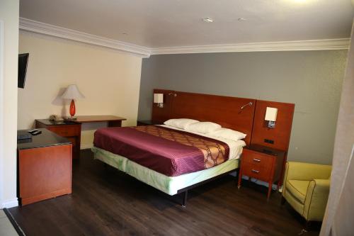 ein Hotelzimmer mit einem Bett und einem Stuhl in der Unterkunft Chateau Inn & Suites in Downey