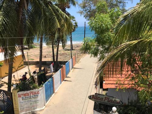 a sidewalk next to a beach with palm trees at Nice Place Beach Hotel in Arugam Bay