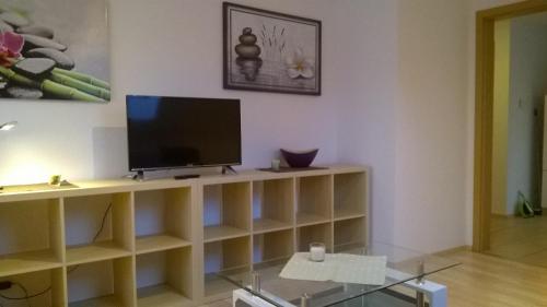a living room with a tv on a wooden shelf at Sarah klein aber fein in Wellesweiler