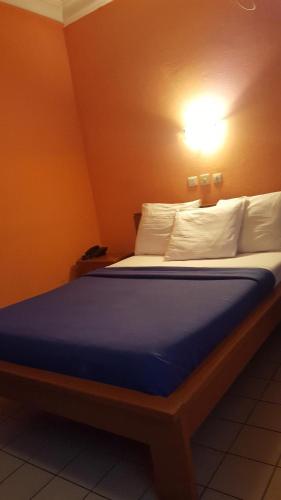a bedroom with a bed with a blue blanket and pillows at Résidence Saint-Jacques Brazzaville in Brazzaville