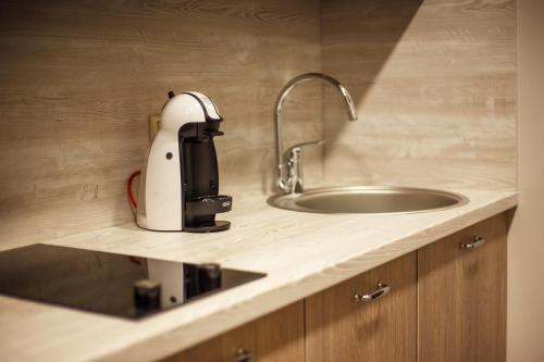 a mixer sitting on a counter next to a sink at Old Town Trio Apartments in Vilnius
