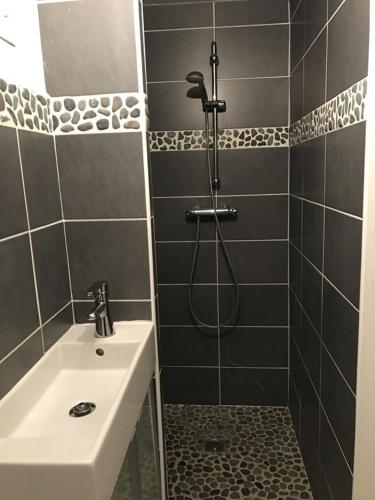 a bathroom with a shower and a sink at Villa Fleurs de France in Criel-sur-Mer