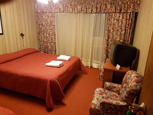 a hotel room with a bed and a chair and a tv at La Posada de Pinky Hotel in Puerto Santa Cruz