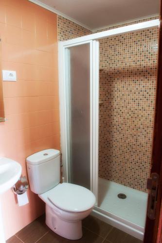 a bathroom with a toilet and a shower at Casa Saleta in Melide