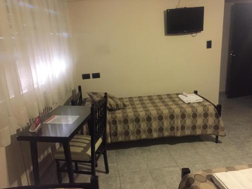 a room with a bed and a desk and a television at Hotel Euzko Alkartasuna in Macachín
