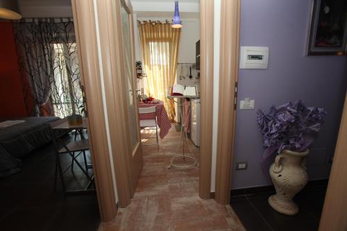 a hallway leading to a living room with purple walls at Roma Gianicolense in Rome