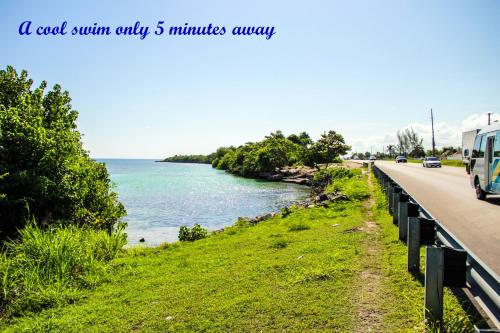 a bus driving down a road next to a body of water at Sunshine Lodge: Your home away from home in Montego Bay
