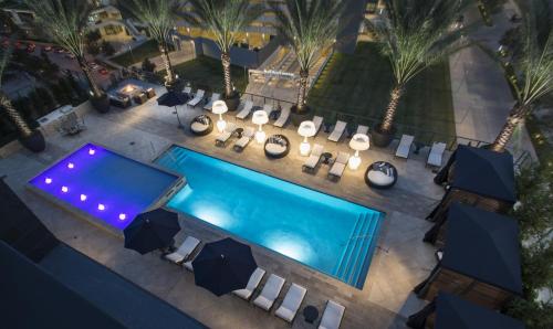 an overhead view of a pool with chairs and umbrellas at Hanover Post Oak in Houston