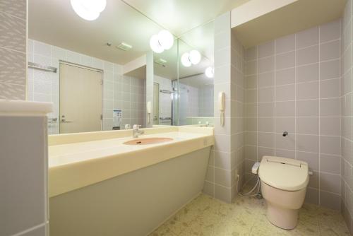 a bathroom with a sink and a toilet and a mirror at Aomori Winery Hotel in Ōwani