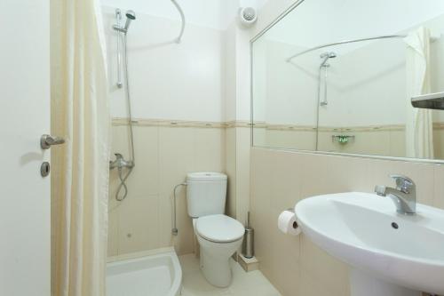 a bathroom with a toilet and a sink and a mirror at Hotel Anezina in Pylos