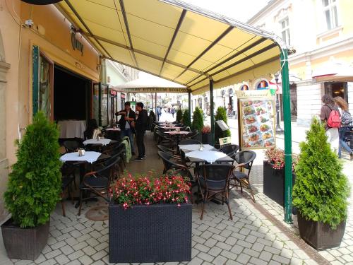 an outdoor restaurant with tables and chairs and flowers at Cherry Apartman in Eger