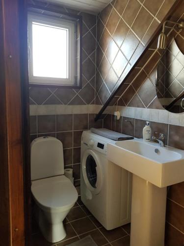 a bathroom with a washing machine and a sink at Villa Rosenlund in Malmö