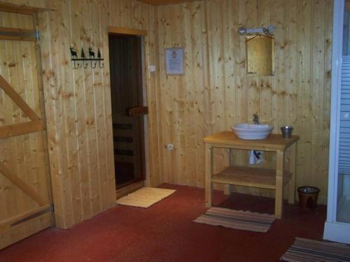 a bathroom with a sink and a wooden wall at Le Gîte de l'Ourserie in Méaudre
