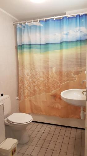 a bathroom with a shower curtain with a toilet and a sink at the Lighthouse in Hollum