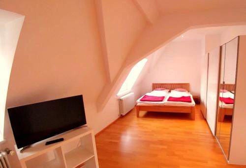 - un salon avec une télévision à écran plat et un lit dans l'établissement Wohnen unter dem Schloss, à Heidelberg