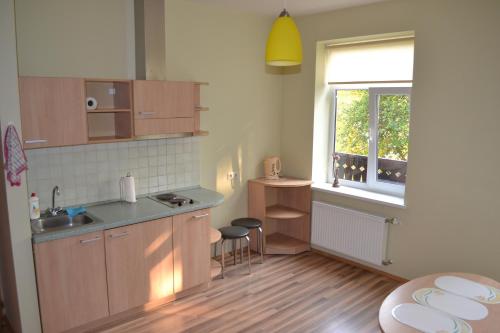 eine Küche mit einem Waschbecken, einem Tisch und einem Fenster in der Unterkunft Vila Evelina in Druskininkai