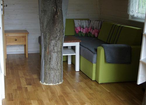 a living room with a green couch and a table at Grzywaczówka in Przesieka
