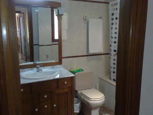 a bathroom with a sink and a toilet and a mirror at Urb. Lubina Sol in Mijas Costa
