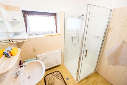 a bathroom with a shower and a sink at Haus Fernblick in Bad Grund