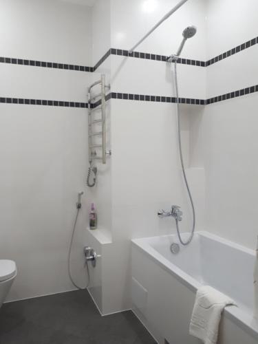 a white bathroom with a shower and a toilet at IRIS apartments in Odesa