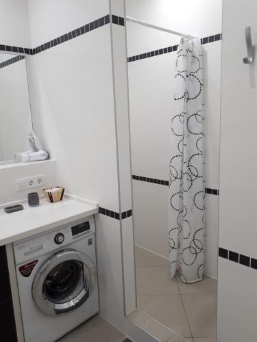 a bathroom with a washing machine and a mirror at IRIS apartments in Odesa