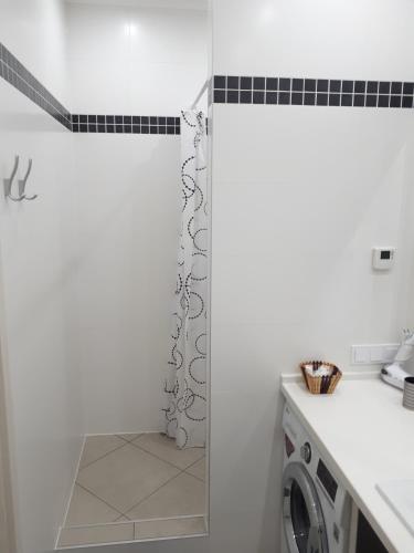 a bathroom with a washing machine and a shower curtain at IRIS apartments in Odesa