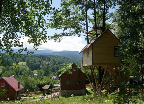 a tree house sitting on top of a hill at Grzywaczówka in Przesieka