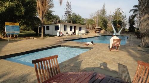 a man and a dog laying in a swimming pool at Chester View Homestay in Syokimau