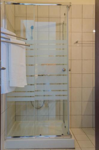 a shower with a glass door in a bathroom at Olivera Apartments in Skala Rachoniou