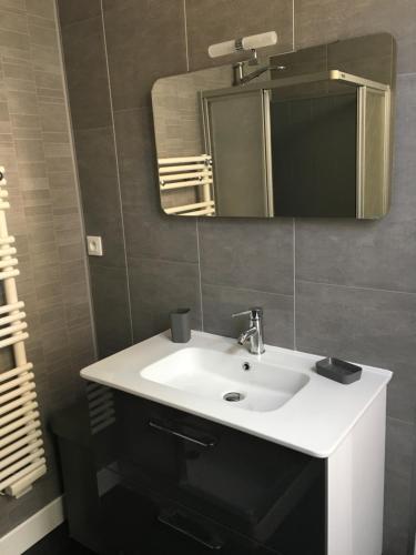 ein Badezimmer mit einem weißen Waschbecken und einem Spiegel in der Unterkunft gite du moulin in Aumale