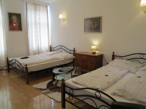 een slaapkamer met 2 aparte bedden en een tafel bij Small Luxury Kapitol Apartment in Wenen
