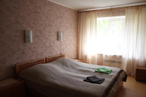 プシュキンスキエ・ゴリにあるCottage in Pushkinskie Goryのベッドルーム1室(ベッド1台、タオル2枚付)