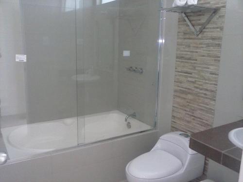 y baño con ducha, aseo y lavamanos. en Country Hotel, en Chimbote