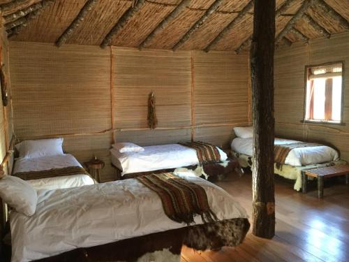 a room with three beds in a log cabin at KuyKuy Lodge in Malalcahuello