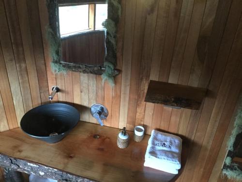 an overhead view of a wooden bathroom with a sink at KuyKuy Lodge in Malalcahuello