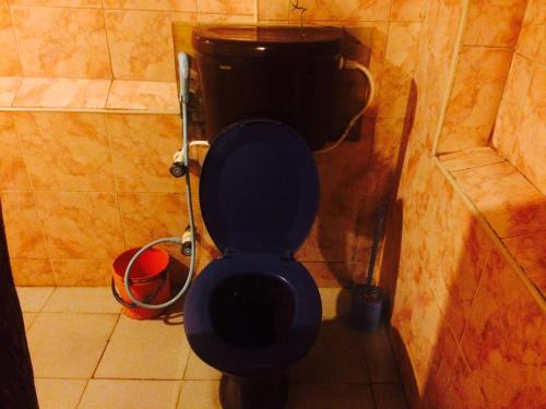 a bathroom with a blue toilet in a stall at Beach Hut in Arugam Bay