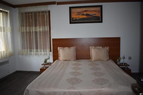 a bedroom with a bed and two windows at Complex Oazis in Etropole