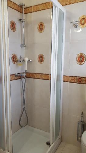 W łazience znajduje się prysznic ze szklanymi drzwiami. w obiekcie Motel Villaggio w mieście Imola