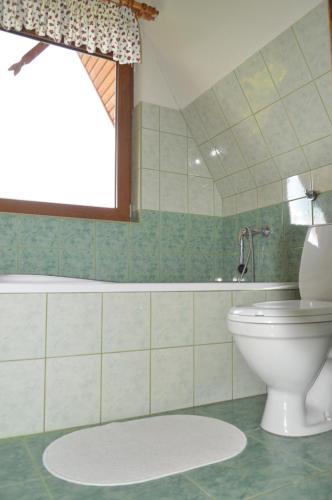a bathroom with a toilet and a bath tub at Willa Janosik in Witów