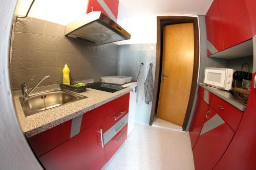 una pequeña cocina con fregadero y armarios rojos en La Ferme des Fées, en Bévilard