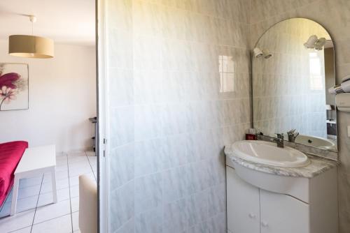 uma casa de banho com um lavatório e um espelho em Le Grand Jardin em Aujargues