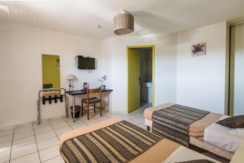 um quarto de hotel com duas camas e uma secretária em Le Grand Jardin em Aujargues