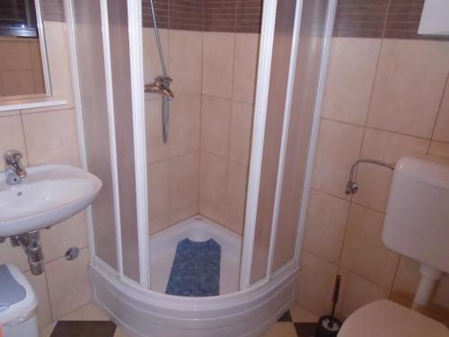 a bathroom with a shower with a toilet and a sink at Apartments Sveti Anton in Orebić