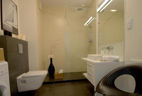 bagno con servizi igienici, lavandino e specchio di IRS ROYAL APARTMENTS Apartamenty IRS Trzy Żagle a Danzica