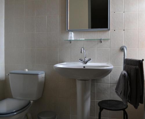 a bathroom with a sink and a toilet and a mirror at Hotel Du Commerce in Pont-Saint-Esprit