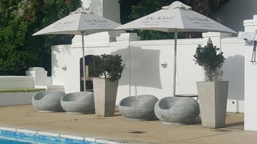 a group of umbrellas and pots with plants in them at De Kloof Heritage Estate and Wellness in Swellendam